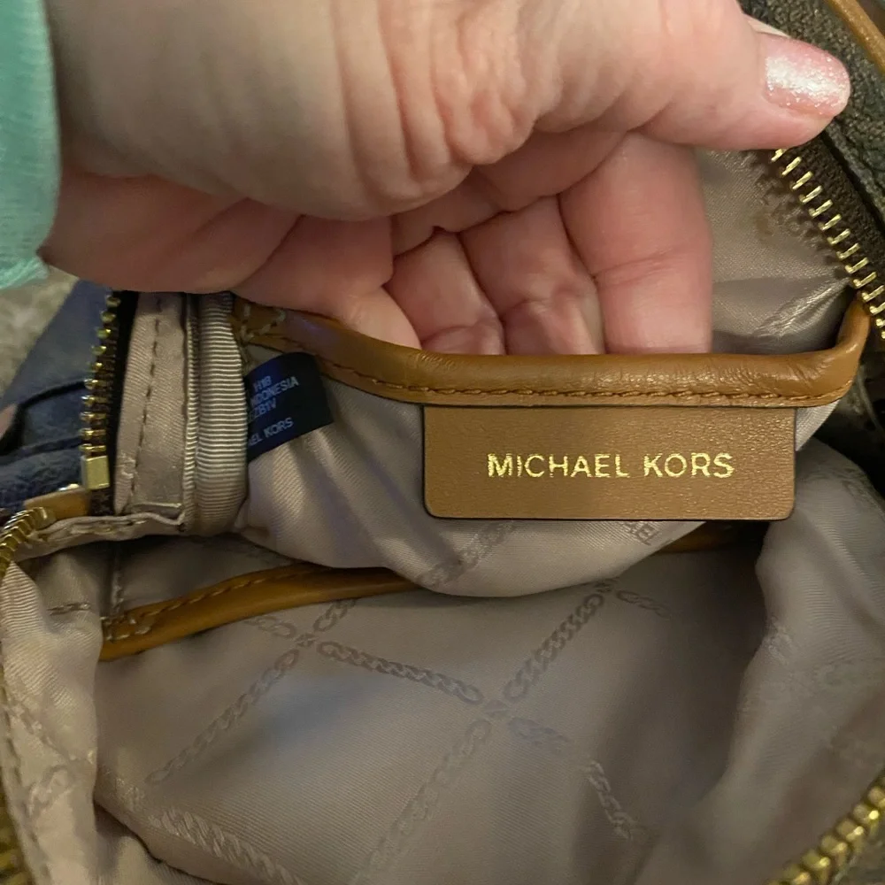 Michael Kors Brown Logo Mini Backpack with Tan Trim and Gold Hardware